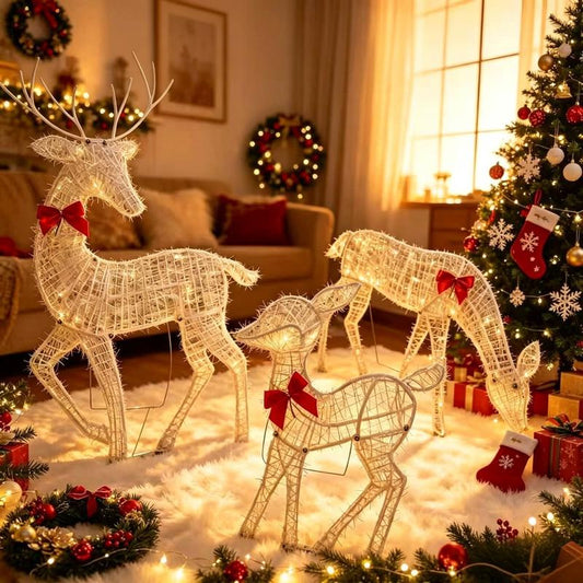 🎄 Familia de renos navideños con lazos y luces LED · Set de 3 piezas