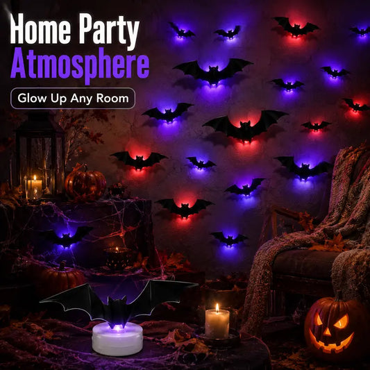 🦇 ¡50% DE DESCUENTO! 🎃 Murciélagos LED 3D Decoración Halloween – Luz Morada, Colgantes y Adhesivos para Pared – Ambiente Terrorífico para Casa y Fiesta 🌙