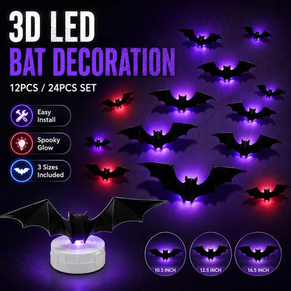 🦇 ¡50% DE DESCUENTO! 🎃 Murciélagos LED 3D Decoración Halloween – Luz Morada, Colgantes y Adhesivos para Pared – Ambiente Terrorífico para Casa y Fiesta 🌙