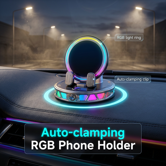 ⏳¡Oferta por Tiempo Limitado!⏰Soporte de Móvil RGB para Coche – Abrazadera Automática y Carga Inalámbrica – Conducción Segura con Una Sola Mano 🚗