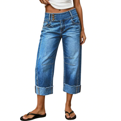 👖 ¡50% DTO. Haz tu preorden! 💙 Jeans Cortos de Pierna Ancha para Mujer – Cintura Alta con Botones y Corte Relajado – Denim Elástico, Perfecto para Looks Casuales o Chic ✨🌸