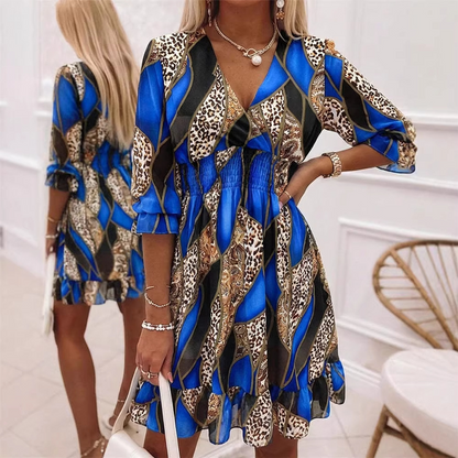 Vestido Floral Línea A con Escote en V – Cintura Fruncida, Dobladillo con Volantes, Listo para el Verano 🌸