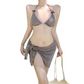 Conjunto de Bikini 3 Piezas para Mujer (Top Halter, Braguita y Falda Pareo) – Estampado de Cuadros