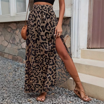 Falda Maxi con Estampado de Leopardo y Abertura Alta para Mujer