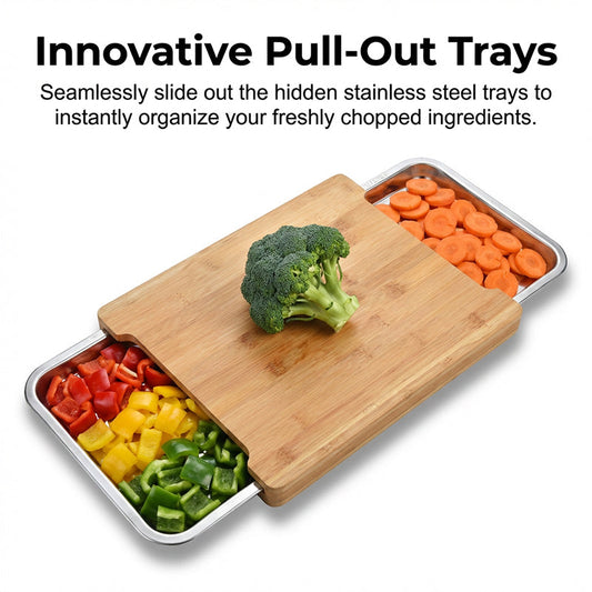 🔪 ¡50% DE DESCUENTO! 🥗 Tabla de cortar de madera con bandejas extraíbles – Recipientes integrados, resistente y compacta – Perfecta para cortar con precisión y servir fácilmente 🪵