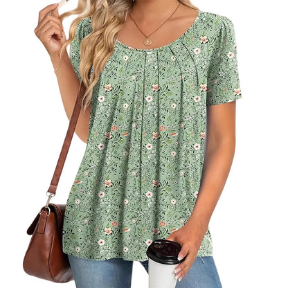 Top Floral de Manga Corta con Cuello Redondo para Mujer