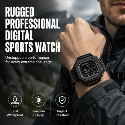 ⌚ Reloj deportivo digital 🌊 – resistente al agua hasta 50 metros, pantalla LED iluminada y diseño robusto 🏔️