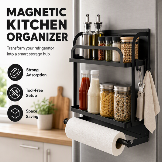 🧲🧲 ¿Nevera desordenada? Ya no. Estantería organizadora magnética — sujeta especias· utensilios o papel. Sin taladro· sin daños. 😌