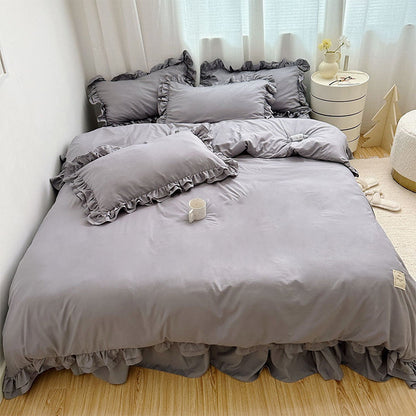 Juego de Cama de 4 Piezas de Color Sólido con Bordes con Volantes