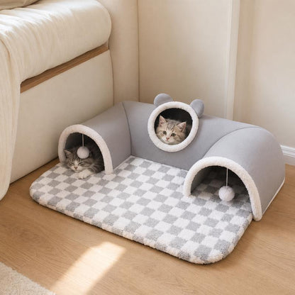🐱🕳️ ¡TIEMPO LIMITADO 50% DESCUENTO! 🔮 Túnel y Cama de Felpa 3 en 1 para Gatos – Tres Entradas Divertidas· Juguetes Pom-Pom Interactivos y Alfombrilla a Cuadros ✨