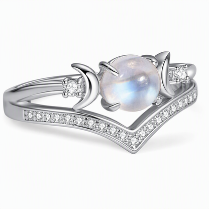 💍 Anillo Gótico Vintage de Luna Creciente con Piedra de Luna y Engaste en V Chapado en Platino