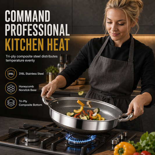 ⏳ Oferta por Tiempo Limitado ⏰ Wok Antiadherente de Acero Inoxidable Grueso con Tapa y Doble Asa – Fondo Plano