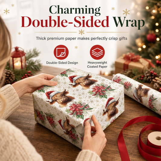 🎁 Novedad 2026 · ¡50 % DE DESCUENTO! Papel de regalo navideño reversible con vacas Highland · 43 cm × 5 m 🎄