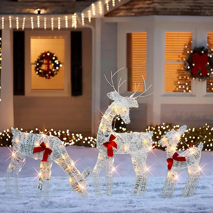 🎄 Familia de renos navideños con lazos y luces LED · Set de 3 piezas