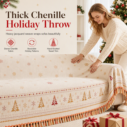 ⏰ Cubresofá de chenilla gruesa con diseño navideño · Reversible y con flecos