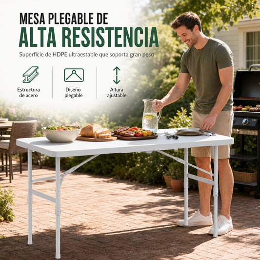 Mesa plegable para exteriores de 122 cm · Altura ajustable en 2 niveles