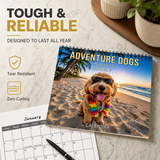 Calendario de pared 2027 de perros aventureros · 12 meses