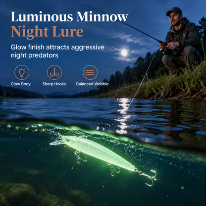 🌙 Señuelo rígido fosforescente tipo minnow para pesca nocturna · 7 cm · 8 g