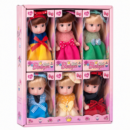 📢 ¡50 % de descuento! ⏰ Set de muñeca en miniatura de postura fija · Cabello suave y atuendo en tonos pastel